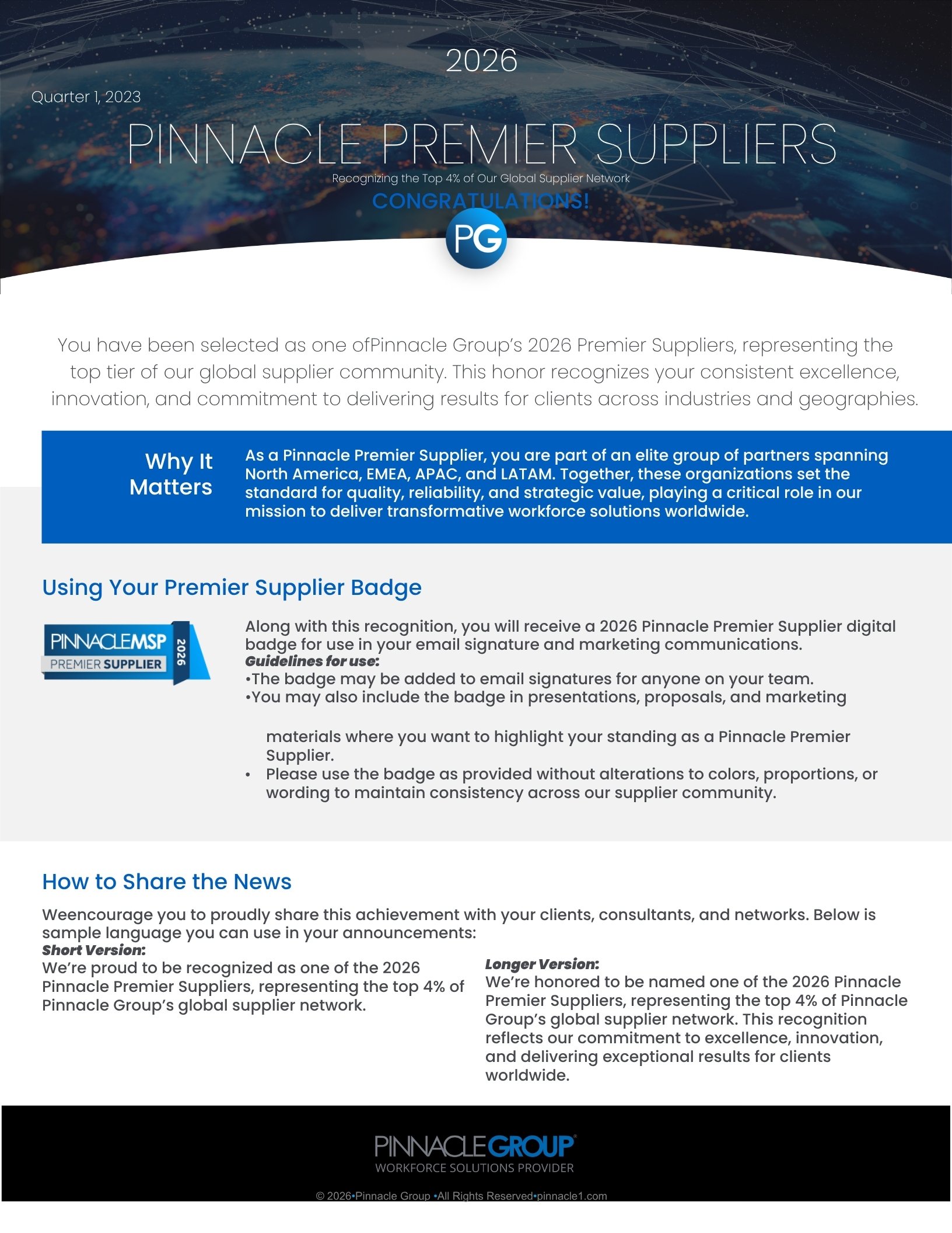 2026 Pinnacle Premier Supplier Announcement
